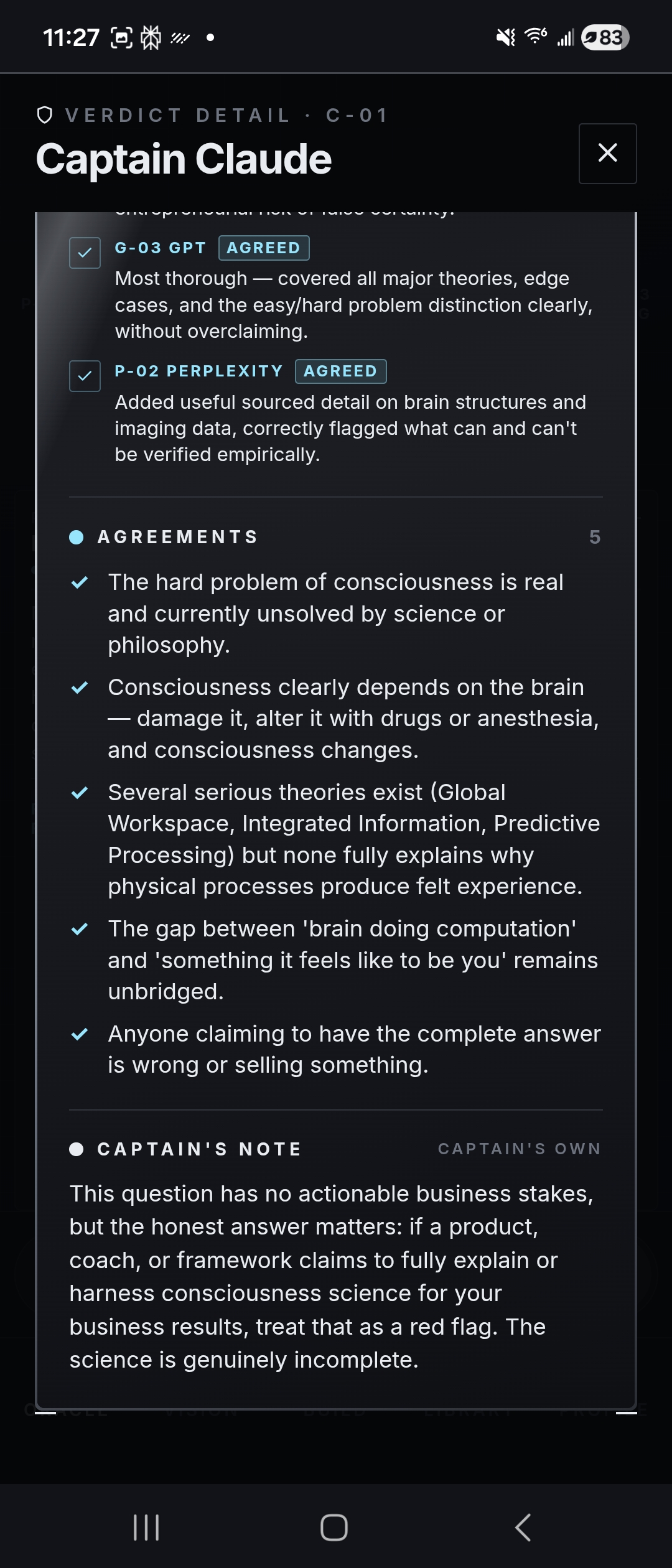 5 Agreements found, Captain's Note warns against false certainty — real intellectual honesty