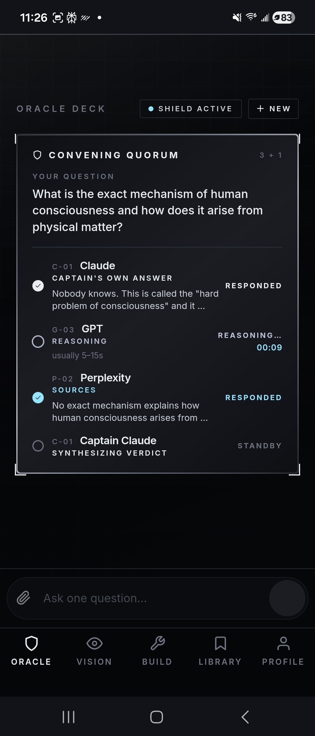 Three AIs answering simultaneously — Claude and Perplexity already responded, GPT still reasoning