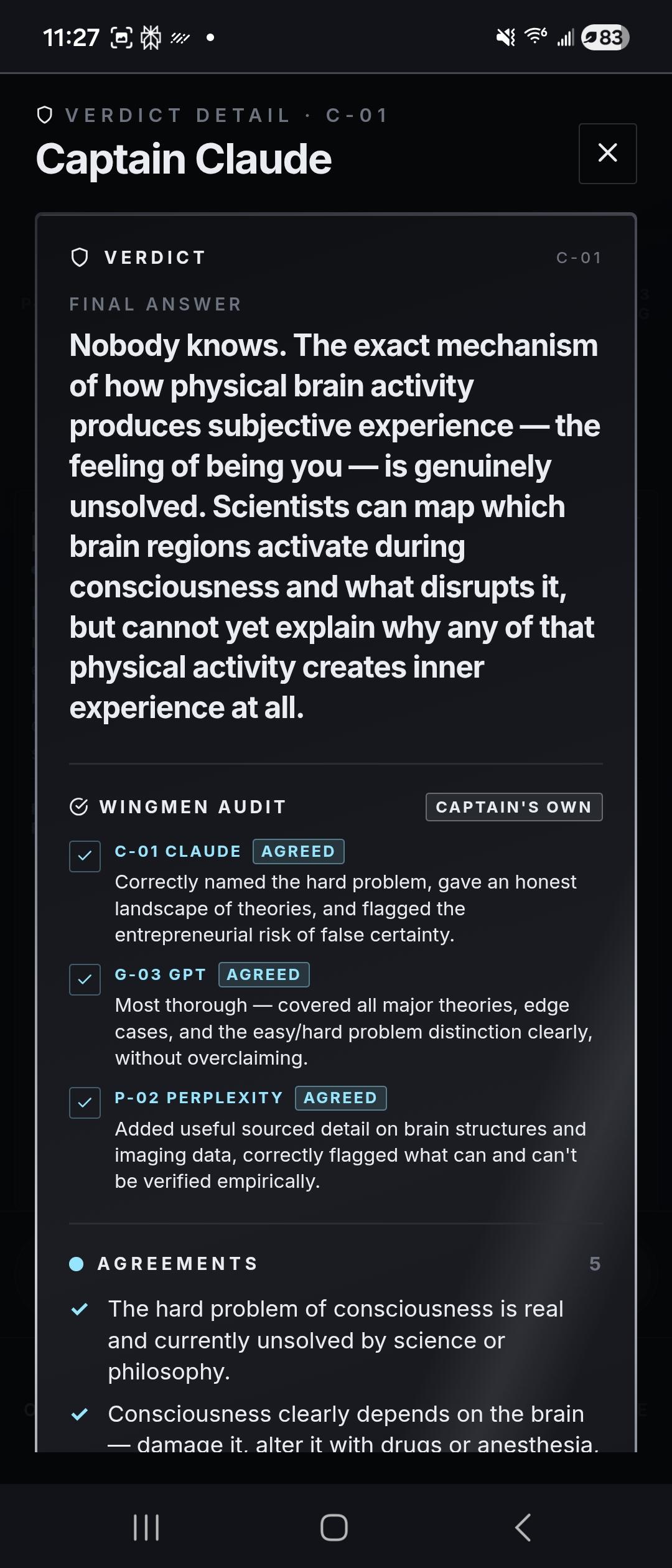 Captain's Verdict: "Nobody knows." — Honest, direct. Plus the Wingmen Audit: all three AGREED